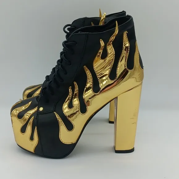 🌟 RARE Jeffrey Campbell Leather Lita Flame Boots - Gold Metallic