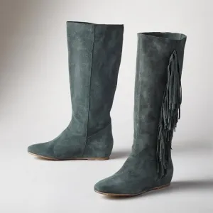 💕 SUNDANCE ludovica fringe boots in spruce teal green suede, like NEW 37 = 7
