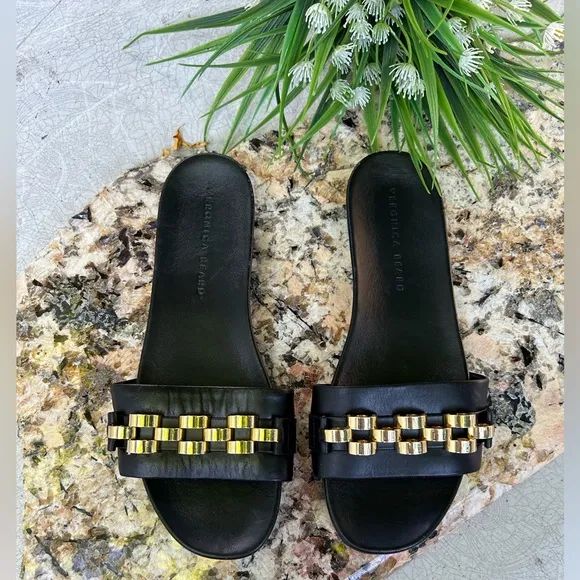 🌷- Veronica Beard ENI black Chain-Trimmed Leather Slides Gold hardware size…