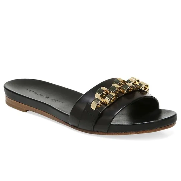 🌷- Veronica Beard ENI black Chain-Trimmed Leather Slides Gold hardware size…
