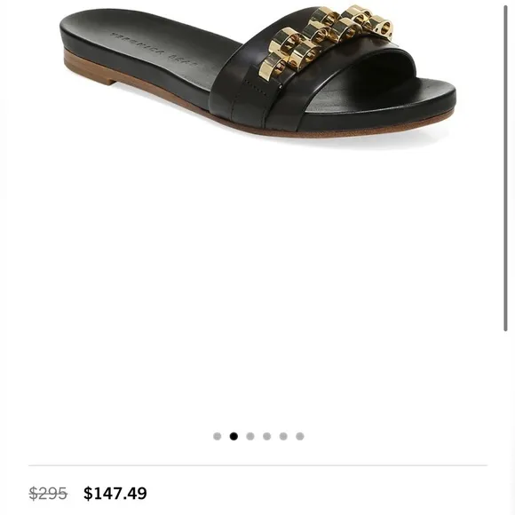 🌷- Veronica Beard ENI black Chain-Trimmed Leather Slides Gold hardware size…