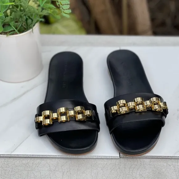 🌷- Veronica Beard ENI black Chain-Trimmed Leather Slides Gold hardware size…