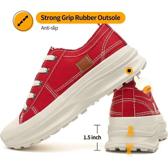 🆕 Women Red Casual Canvas Sneakers Low Top Platform Comfortable Tennis Shoes