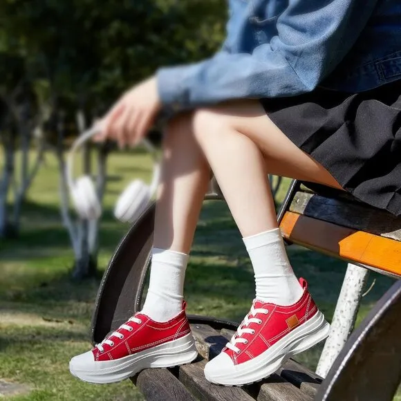 🆕 Women Red Casual Canvas Sneakers Low Top Platform Comfortable Tennis Shoes