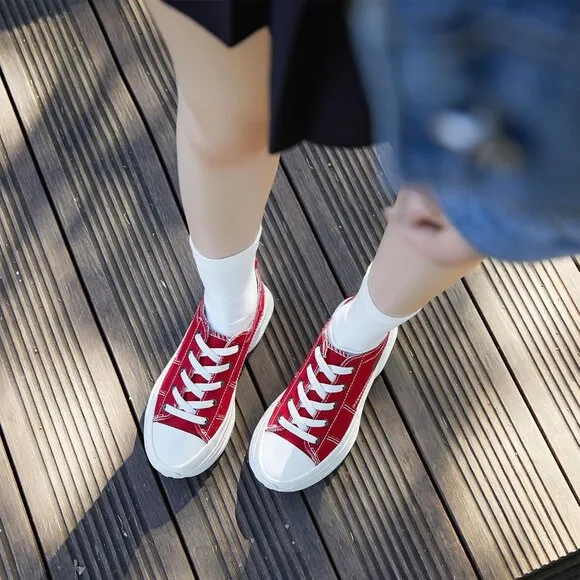 🆕 Women Red Casual Canvas Sneakers Low Top Platform Comfortable Tennis Shoes