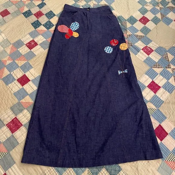 1970s Denim Skirt Patchwork Funky Bohemian Raggedy Ann Maxi Skirt Paintset Smock