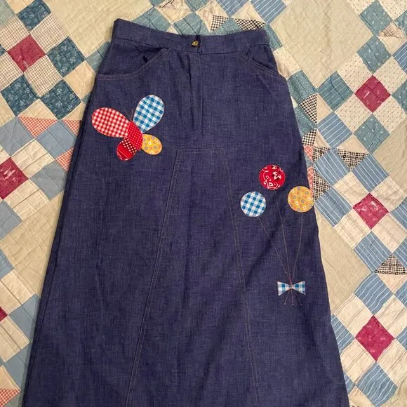 1970s Denim Skirt Patchwork Funky Bohemian Raggedy Ann Maxi Skirt Paintset Smock