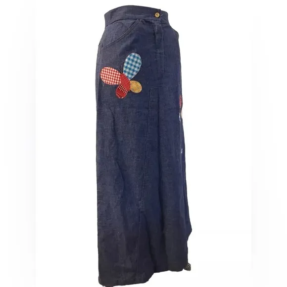 1970s Denim Skirt Patchwork Funky Bohemian Raggedy Ann Maxi Skirt Paintset Smock