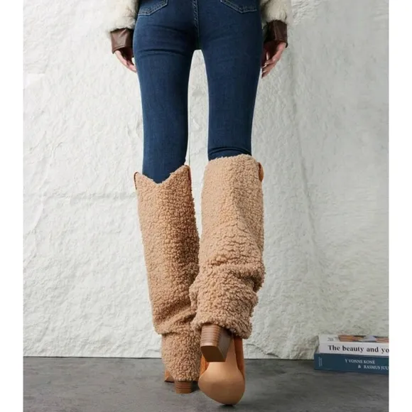 2024 Women Knee High Boots Western Cowboy Boots Chunky Heeled Warm Boo