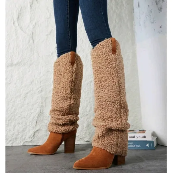 2024 Women Knee High Boots Western Cowboy Boots Chunky Heeled Warm Boo