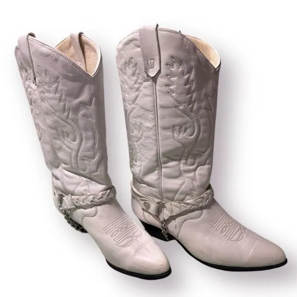 ACME White Knee High Cowboy Heeled Boots Size 6.5 M Vintage 80s Western w/ Box