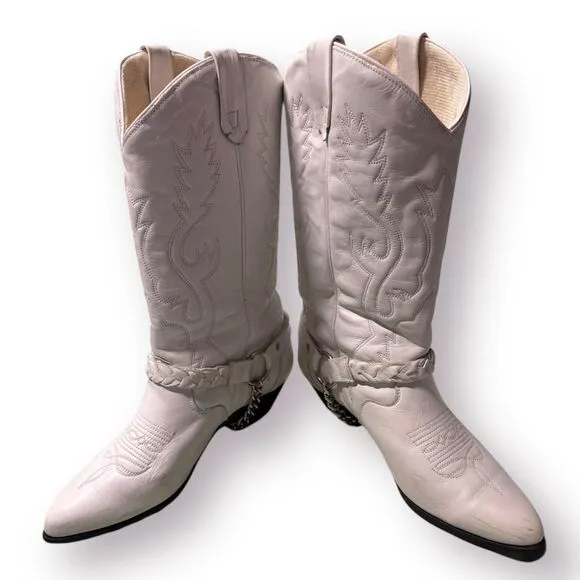 ACME White Knee High Cowboy Heeled Boots Size 6.5 M Vintage 80s Western w/ Box