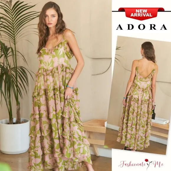 ❤️ADORA Abstract Floral Pattern Ruffled Tiered Scoop Neck Maxi Cami Dress | Sage