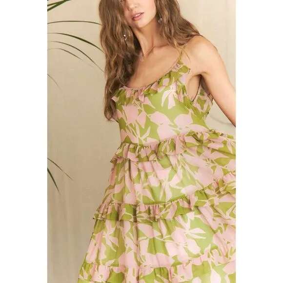 ❤️ADORA Abstract Floral Pattern Ruffled Tiered Scoop Neck Maxi Cami Dress | Sage