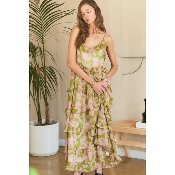 ❤️ADORA Abstract Floral Pattern Ruffled Tiered Scoop Neck Maxi Cami Dress | Sage