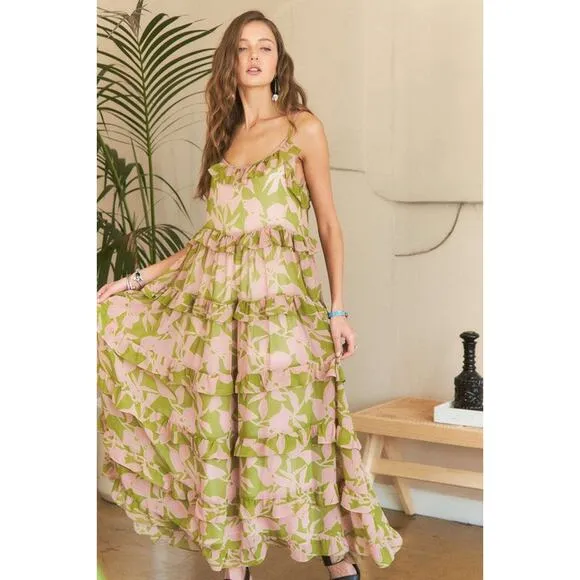❤️ADORA Abstract Floral Pattern Ruffled Tiered Scoop Neck Maxi Cami Dress | Sage