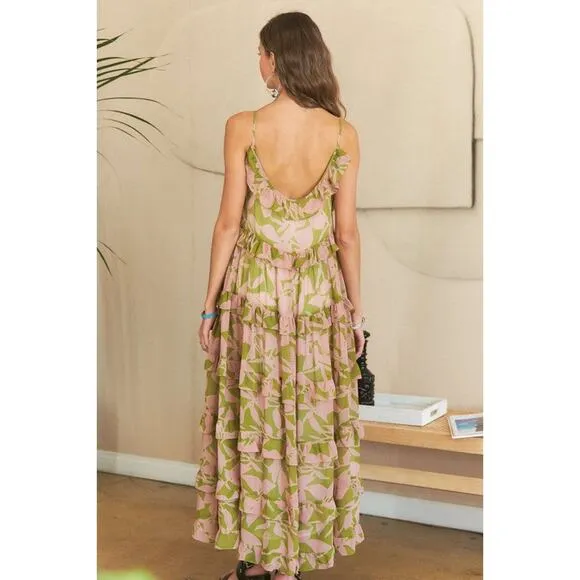 ❤️ADORA Abstract Floral Pattern Ruffled Tiered Scoop Neck Maxi Cami Dress | Sage