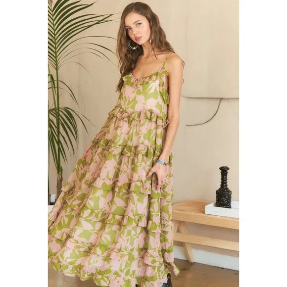 ❤️ADORA Abstract Floral Pattern Ruffled Tiered Scoop Neck Maxi Cami Dress | Sage