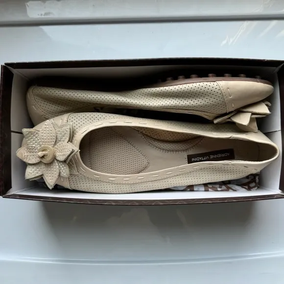 Adrienne Vittadini Nude Cream Perforated Leather Floral Appliqué Ballet Flats