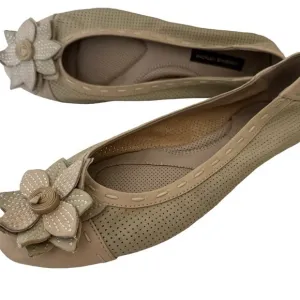 Adrienne Vittadini Nude Cream Perforated Leather Floral Appliqué Ballet Flats
