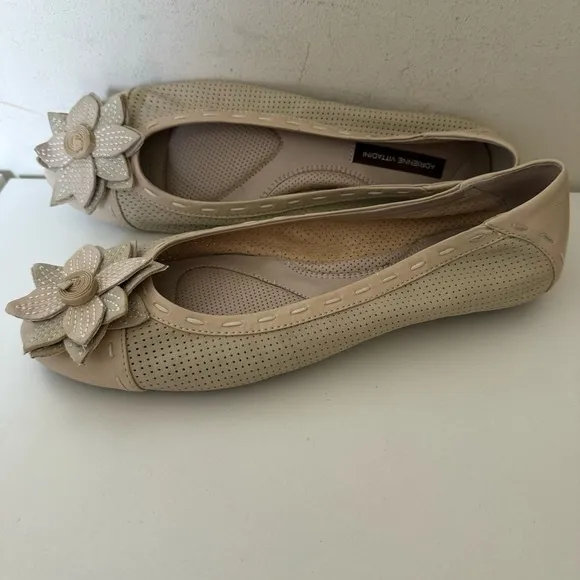 Adrienne Vittadini Nude Cream Perforated Leather Floral Appliqué Ballet Flats