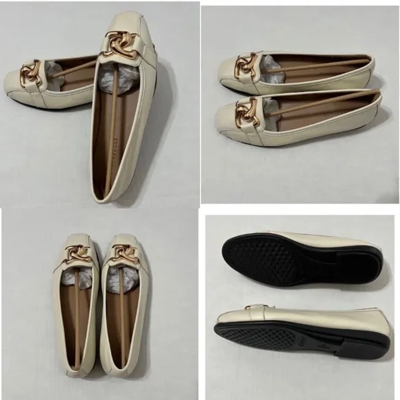 Aerosoles NWB Sz 8W Off White Bristol Leather Oversized Chain Link Flat Shoes