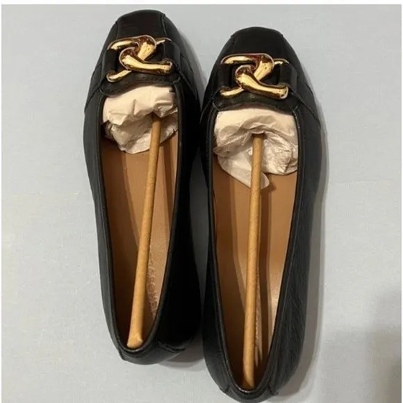 Aerosoles NWT Sz 8W NAVY Bristol Leather Oversized Chain Link Flat Shoes