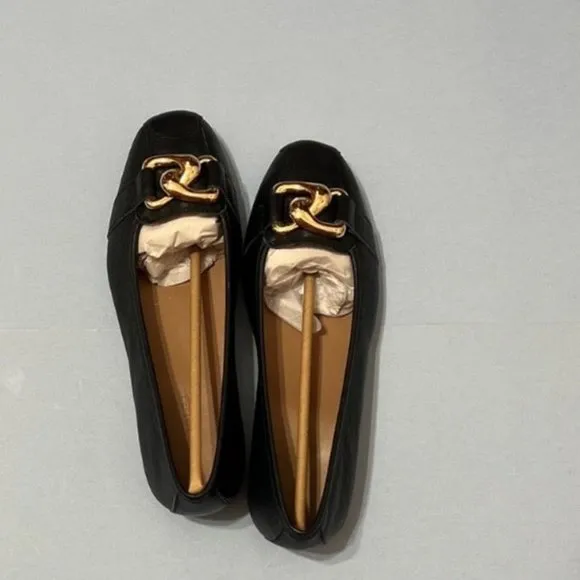 Aerosoles NWT Sz 8W NAVY Bristol Leather Oversized Chain Link Flat Shoes
