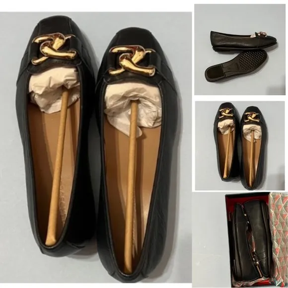 Aerosoles NWT Sz 8W NAVY Bristol Leather Oversized Chain Link Flat Shoes
