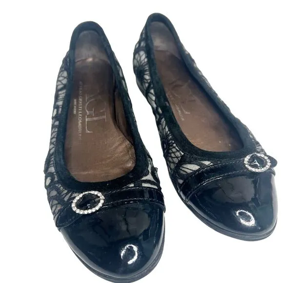 AGL ATTILIO GIUSTI LEOMBRUNI Ballet Flats Patent Leather Black Lace Size EU 36.5
