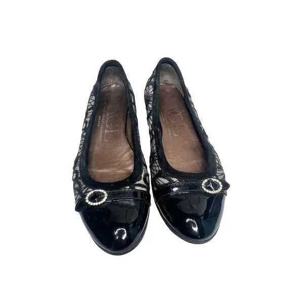 AGL ATTILIO GIUSTI LEOMBRUNI Ballet Flats Patent Leather Black Lace Size EU 36.5