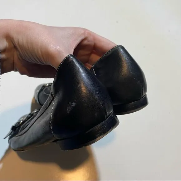 AGL Black Leather Cap Toe Round Toe Ballet Flats Slip On