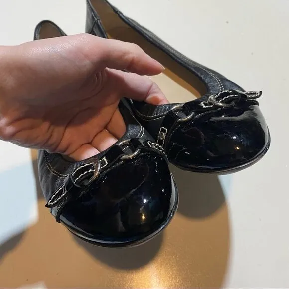 AGL Black Leather Cap Toe Round Toe Ballet Flats Slip On