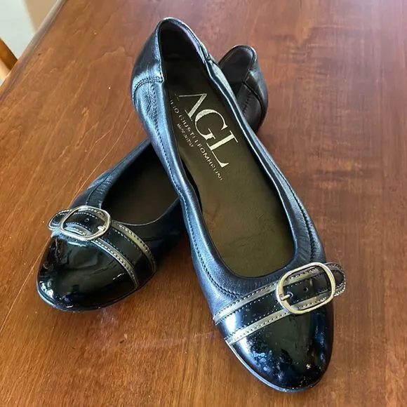 AGL Black Patent, Leather &amp; Bronze Flats - 37
