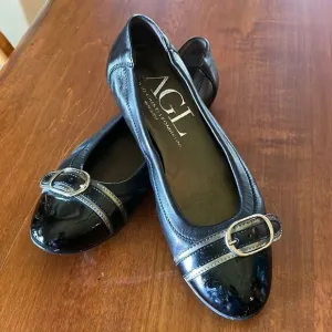 AGL Black Patent, Leather &amp; Bronze Flats - 37