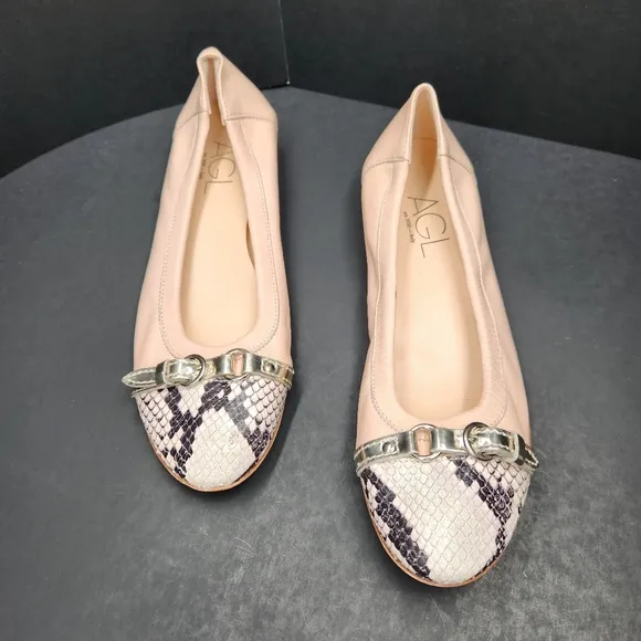 AGL flats women's 9 cream leather two tone snake balletcore Made Italy new $355