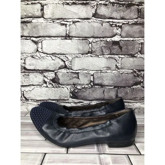 AGL Navy Blue Leather Studded Cap Toe Career Ballet Flats Shoes Women 37.5EU/7US