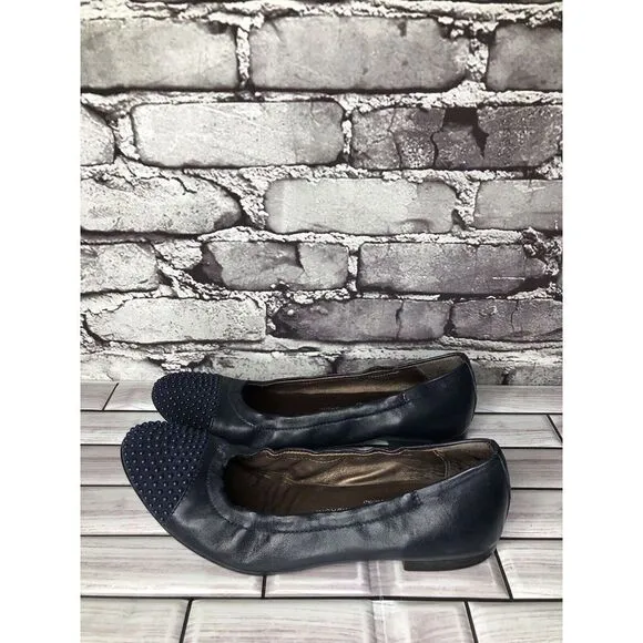AGL Navy Blue Leather Studded Cap Toe Career Ballet Flats Shoes Women 37.5EU/7US