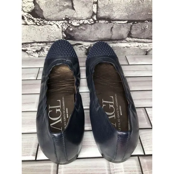 AGL Navy Blue Leather Studded Cap Toe Career Ballet Flats Shoes Women 37.5EU/7US