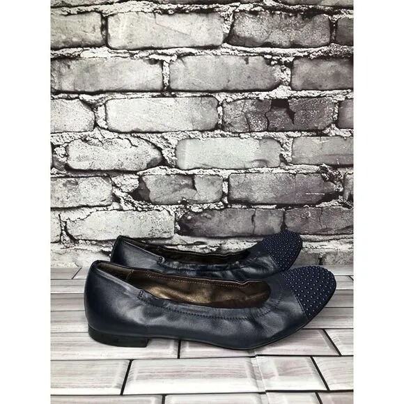 AGL Navy Blue Leather Studded Cap Toe Career Ballet Flats Shoes Women 37.5EU/7US