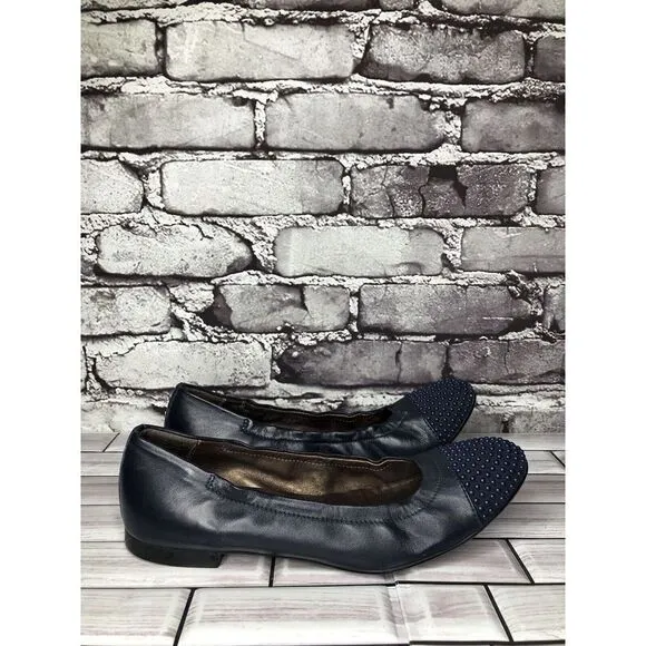 AGL Navy Blue Leather Studded Cap Toe Career Ballet Flats Shoes Women 37.5EU/7US