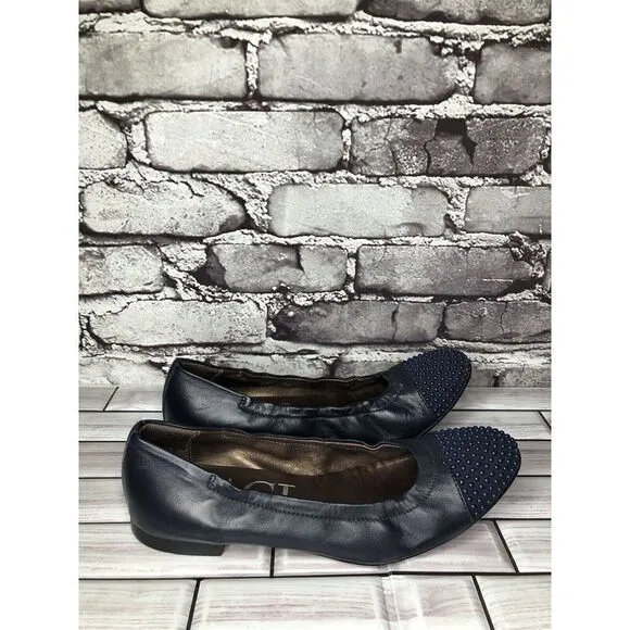 AGL Navy Blue Leather Studded Cap Toe Career Ballet Flats Shoes Women 37.5EU/7US