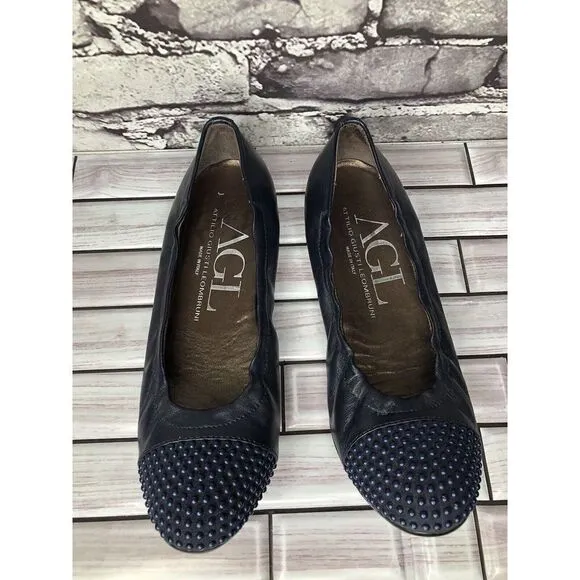 AGL Navy Blue Leather Studded Cap Toe Career Ballet Flats Shoes Women 37.5EU/7US