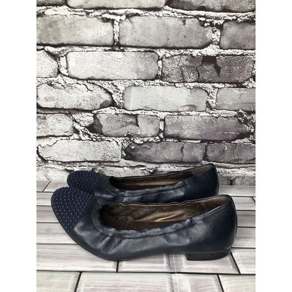 AGL Navy Blue Leather Studded Cap Toe Career Ballet Flats Shoes Women 37.5EU/7US