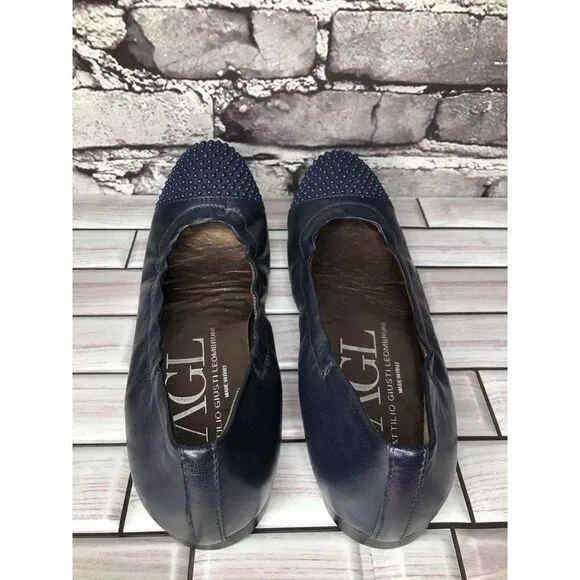 AGL Navy Blue Leather Studded Cap Toe Career Ballet Flats Shoes Women 37.5EU/7US