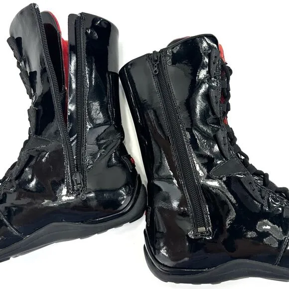 AHNU BLACK PATENT LEATHER LACED ADJUSTABLE ZIPPER CLOSURE MID-CALF FLAT BOOTIES
