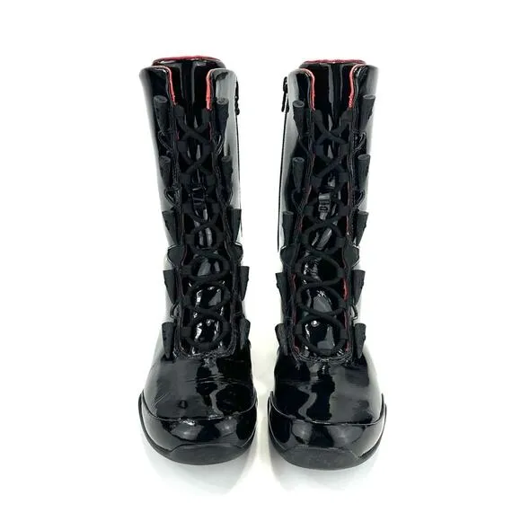 AHNU BLACK PATENT LEATHER LACED ADJUSTABLE ZIPPER CLOSURE MID-CALF FLAT BOOTIES