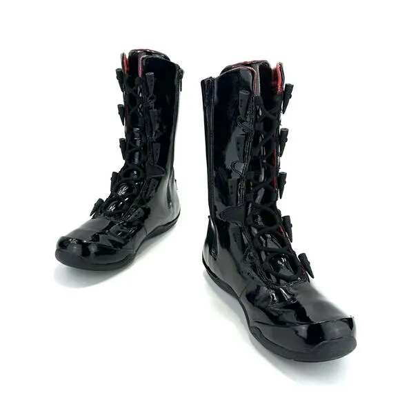 AHNU BLACK PATENT LEATHER LACED ADJUSTABLE ZIPPER CLOSURE MID-CALF FLAT BOOTIES