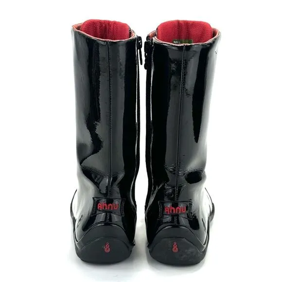 AHNU BLACK PATENT LEATHER LACED ADJUSTABLE ZIPPER CLOSURE MID-CALF FLAT BOOTIES