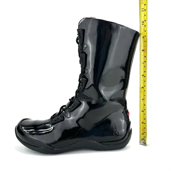 AHNU BLACK PATENT LEATHER LACED ADJUSTABLE ZIPPER CLOSURE MID-CALF FLAT BOOTIES